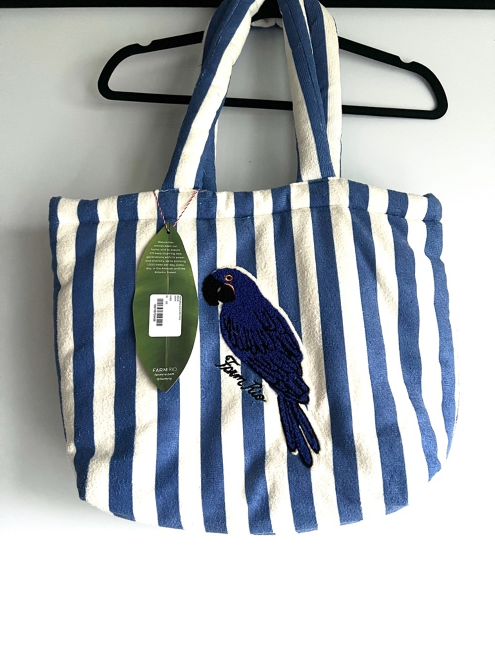 FARM Rio Blue Stripped Macaw Embroidered Terrycloth Cotton Tote Bag NWT - Picture 5 of 7
